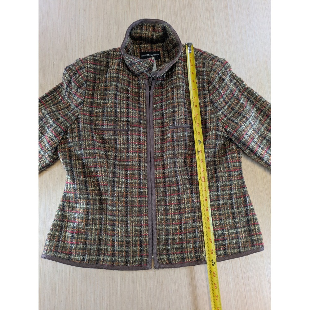 Sag Harbor Petite Womens 14P Full Zip Tweed Jacket Plaid‎ Brown Green F42190 - Picture 4 of 6
